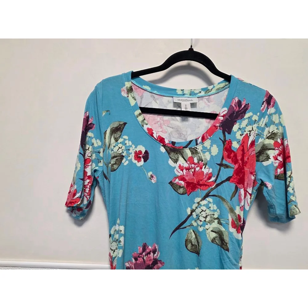 Women's Motherhood Maternity Blue Red Floral Ruched Midi Dress‎ M - Picture 4 of 7